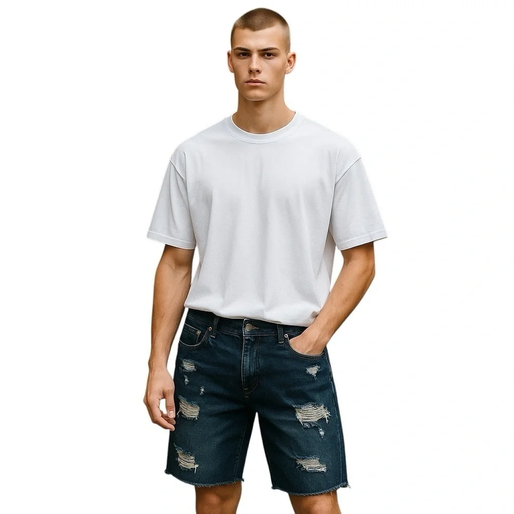 Abercrombie & Fitch Men Blue Distressed Button Fly Denim‎ Shorts